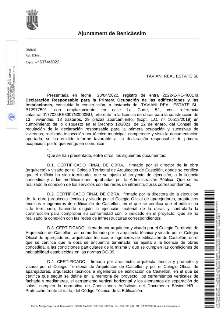 RESIDENCIAL CORTEKSIM..OBTENIDAS LAS LICENCIAS DE PRIMERA OCUPACION DEL RESIDENCIAL